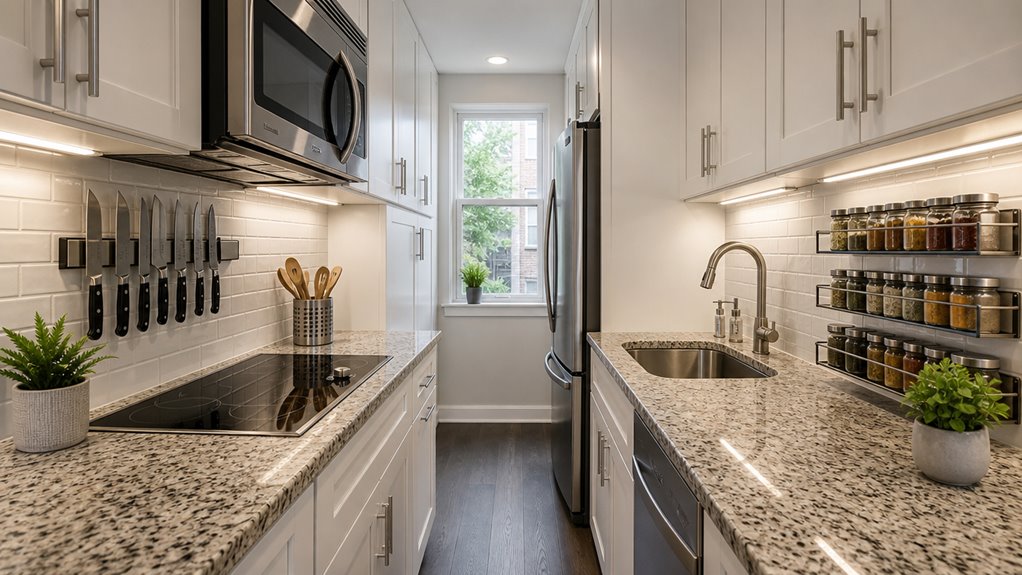 galley kitchen maximizes vertical storage